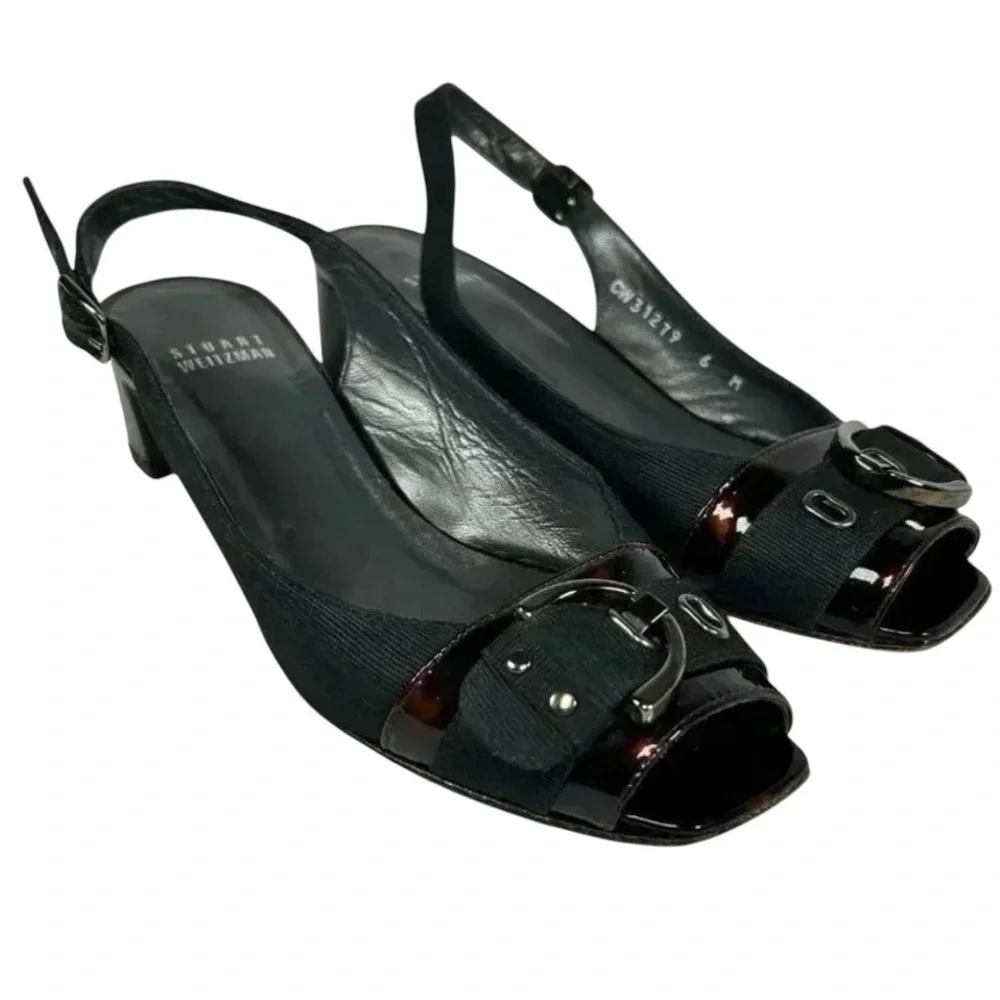 Stuart Weitzman Cavort Size 6 Tortoise Shell Peep Toe Block Heel Sandals Black C